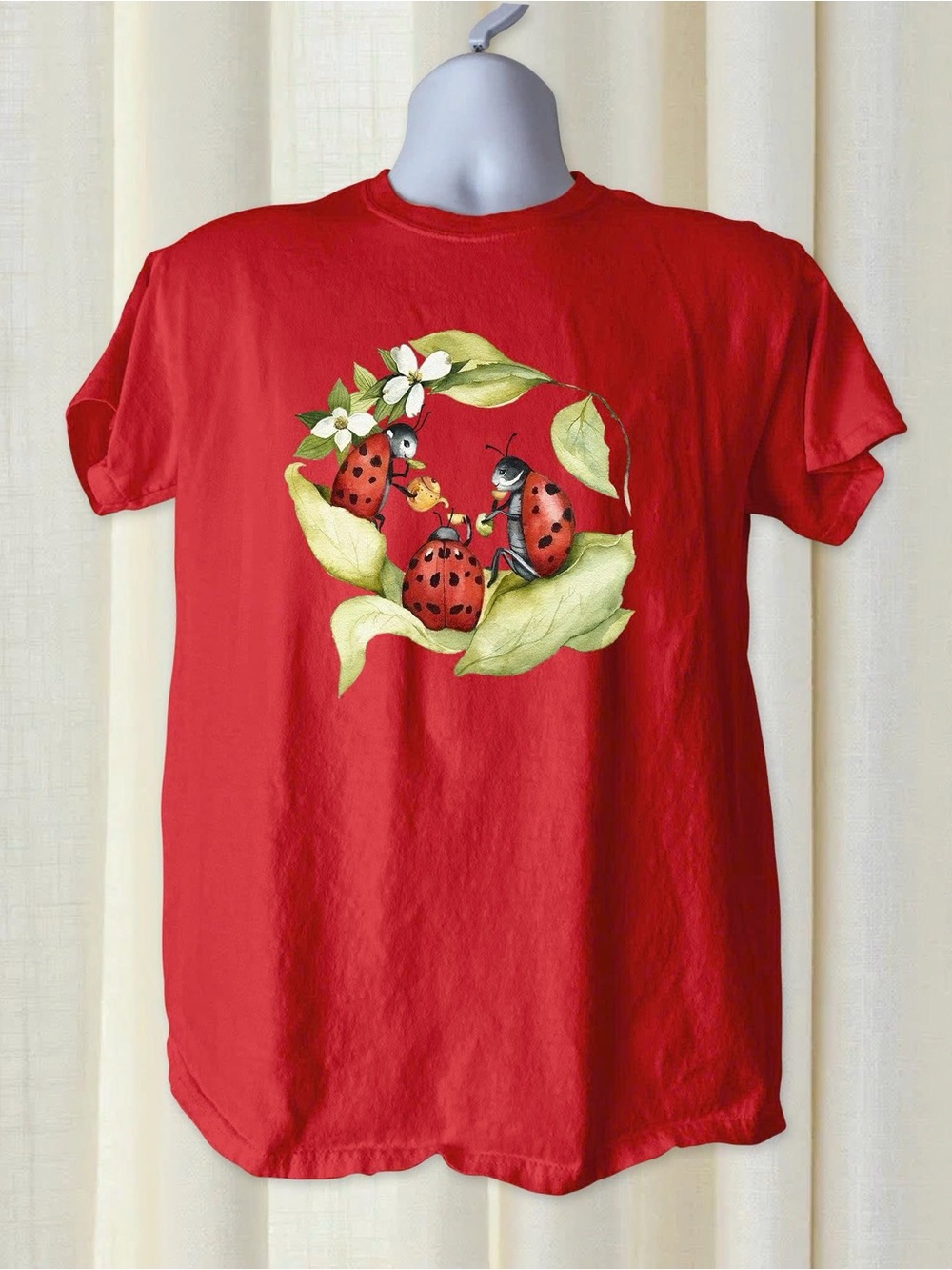 Red Ladybug with Leaf Graphic Short Sleeve Tee Gildan Red Tshirt